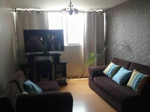 利马Aby house的客厅设有两张沙发和一个窗户