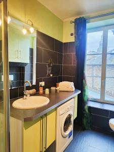 a bathroom with a sink and a washing machine at STUDIO DE L'HORLOGE in Dinan