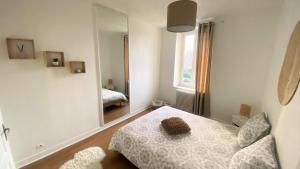 1 dormitorio con cama y espejo grande en Joli duplex cocooning de 100m2 avec Rez de jardin en Feyzin