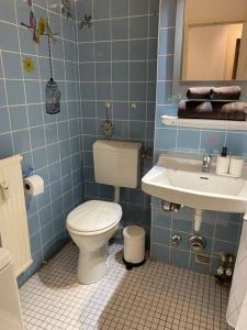 een blauw betegelde badkamer met een toilet en een wastafel bij Exklusive Wohnung in der schönen Stadt Bremen in Bremen
