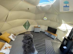 a teddy bear is sitting in a tent at Glamping Dome Elysian Fields in Helston