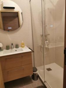 a bathroom with a shower and a sink and a mirror at Angoulême Nord location Chambre indépendante in Champniers