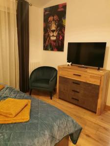 a bedroom with a television on a dresser with a chair at Angoulême Nord location Chambre indépendante in Champniers