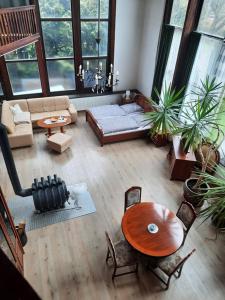 eine Luftansicht auf ein Wohnzimmer mit einem Tisch und Stühlen in der Unterkunft Ferienwohnung Altes Künstleratelier Weimar in Weimar
