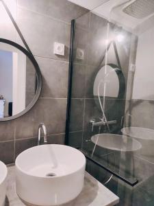 La salle de bains est pourvue d'un lavabo et d'une douche avec un miroir. dans l'établissement Maison chaleureuse située à Saumur, à Saumur