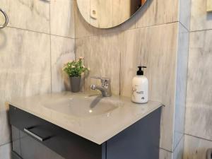 - un lavabo dans la salle de bains avec une bouteille de savon dans l'établissement APARTAMENTOS TURISTICOS SEVIRO Madrid, à Madrid