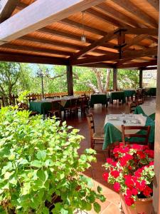 un patio con mesas, sillas y macetas en Agriturismo Sant'Agata, en Piana degli Albanesi