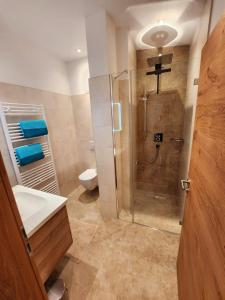 uma casa de banho com um chuveiro, um lavatório e um WC. em Mountain JoLe em Neustift im Stubaital
