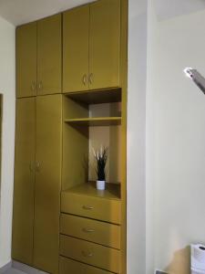 un armario con armarios amarillos y una maceta en Hotel La Casona MC en La Romana