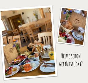 einen Tisch mit Teller mit Lebensmitteln und ein Bild eines Tisches mit Lebensmitteln in der Unterkunft Laupus-Hof in Bad Vilbel