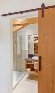 uma casa de banho com um chuveiro e uma porta de vidro em Zum Alten Fritz em Weigendorf