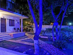 uma casa com luzes azuis à volta de uma árvore em Hosteria El Castellano em Santa Fe de Antioquia