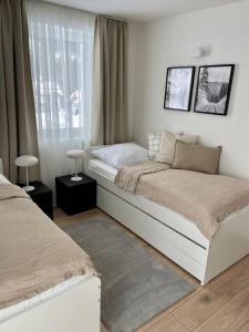 1 dormitorio con 2 camas y ventana en Apartmány Kellov Dom en Demanovska Dolina