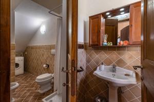 a bathroom with a sink and a toilet and a mirror at Podere Fossaccio Casa Olivo in Asciano +37 photos