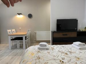 a room with a bed and a table and a tv at Apartament Brzóza Królewska in Brzóza Królewska