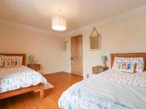 a bedroom with two beds and a pendant light at Pepperpot Cottage in Bude