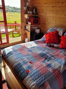 Ce lit se trouve dans une cabane en rondins offrant une vue sur un champ. dans l'établissement Lovely Glamping Dream Pod in St Austell Cornwall, à St Austell