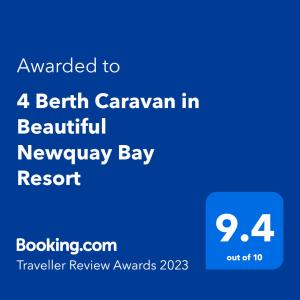 Un certificat, premiu, logo sau alt document afișat la 4 Berth Couples and Family Caravan in Beautiful Newquay Bay Resort