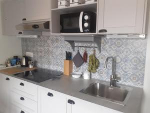 a kitchen with a sink and a microwave at Alloggio Torino InQuadro in Turin