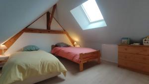 a attic bedroom with two beds and a skylight at Eco-gîte à la Ferme d'Elles in Saint-André-de-lʼÉpine