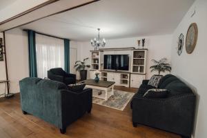 a living room with two couches and a television at Pensiunea Magnesia (4 margarete****) in Sânâteşti