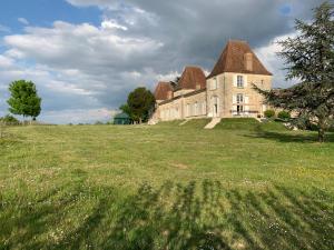 an old house on a grassy field with a tree at Chateau de Mazelieres in Espiens