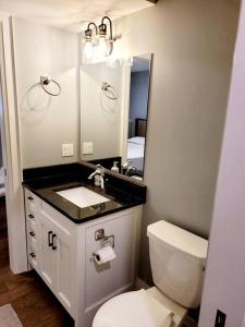Un baño con inodoro, lavabo y espejo. en Chemong Lake Waterfront Cottage☆privateboatlaunch, en Lakefield 17 fotos más