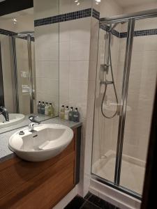 a bathroom with a sink and a shower at Fraoch House in Edinburgh