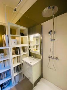 La salle de bains est pourvue d'un lavabo, d'une douche et d'étagères. dans l'établissement Le jardin de Ponteves, à Aix-en-Provence