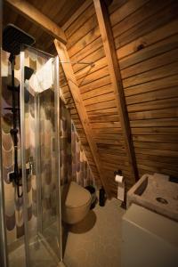 a bathroom with a toilet and a wooden ceiling at Byelka Bungalov Ayvalık in Ayvalık