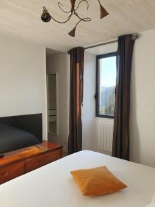 een slaapkamer met een bed, een tv en een raam bij La P'tite Maison in Carlux