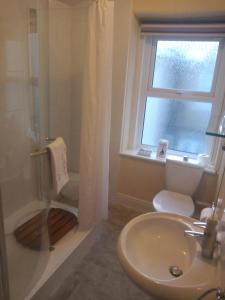 een badkamer met een wastafel, een toilet en een raam bij Wedgwood Guest House in Llandudno