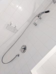 a shower head with a hose attached to a wall at Tiny Apartment - Innenstadt l Smart TV l Küche in Kaiserslautern