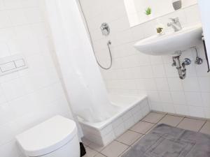 een witte badkamer met een toilet en een wastafel bij Tiny Apartment - Innenstadt l Smart TV l Küche in Kaiserslautern