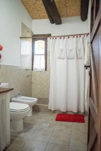 a bathroom with a toilet and a shower curtain at Loma Puskana - Casas in Cachí