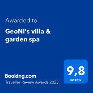 Certifikat, nagrada, logo ili neki drugi dokument izložen u objektu GeoNi's villa & garden spa