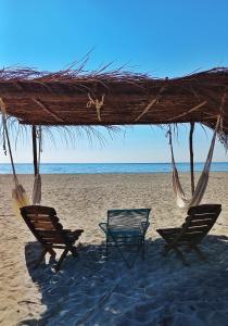 two chairs and a hammock on a beach at Casa Gitana in Chamuscadero