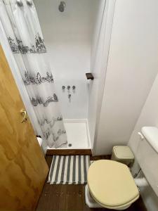 a bathroom with a toilet and a shower at Mucho Bonito Hostel in Santa Fe