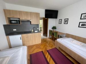 a room with a kitchen and a living room at Rosental Apartments Self Check-in in Ferlach