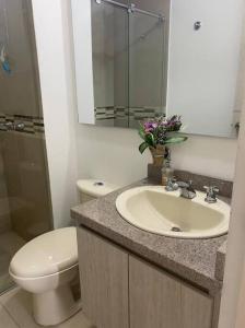 a bathroom with a sink and a toilet and a mirror at Ven a recargar energías. in Girardot