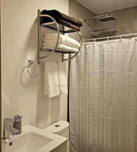 y baño con cortina de ducha y lavamanos. en Nucleo 514, en San José