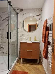 a bathroom with a shower and a sink and a mirror at Spa-Sauna-Ciel de pluie tropicale-Crémant- Nuit Romantique - Escapade Mâconnaise in Mâcon +53 photos