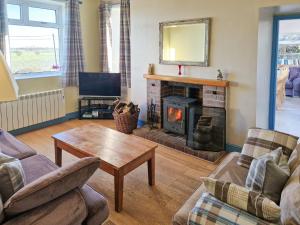 uma sala de estar com uma lareira e uma mesa em Bankswood Cottage em Ruthwell