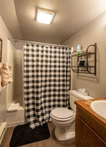 a bathroom with a toilet and a shower curtain at 64 Swan in Whitefish