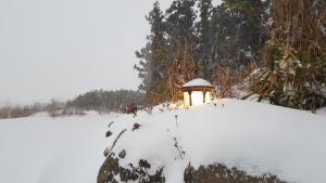 una luz sobre un campo cubierto de nieve en Gyorae Drive-in Motel en Jeju