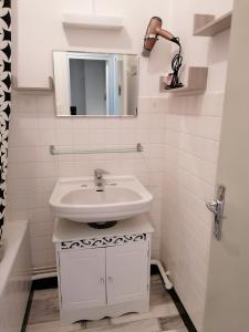 ein weißes Badezimmer mit einem Waschbecken und einem Spiegel in der Unterkunft Iris, Gîte Saint Antoine, Orcival, entre Sancy et Volcans d'Auvergne in Orcival