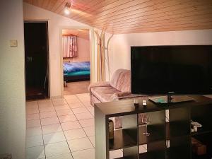 sala de estar con sofá y TV de pantalla plana en Haus Antares en Saas-Almagell