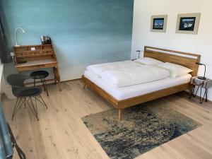 ローマンスホルンにあるLakelodge Romanshornのベッドルーム1室(ベッド1台、デスク、テーブル付)