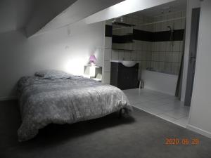 ein Schlafzimmer mit einem Bett und ein Badezimmer mit einer Badewanne in der Unterkunft gîte du puits in Laives