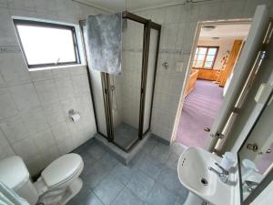 a bathroom with a shower and a toilet and a sink at Kawi Hotel in Puerto Natales